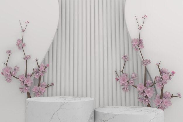 Sakura decoration and white granite podium on white background