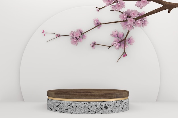 Sakura decoration and white granite podium on white background