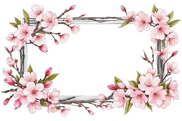 Sakura Flower Frame Botanical Drawing Sketch on White Background