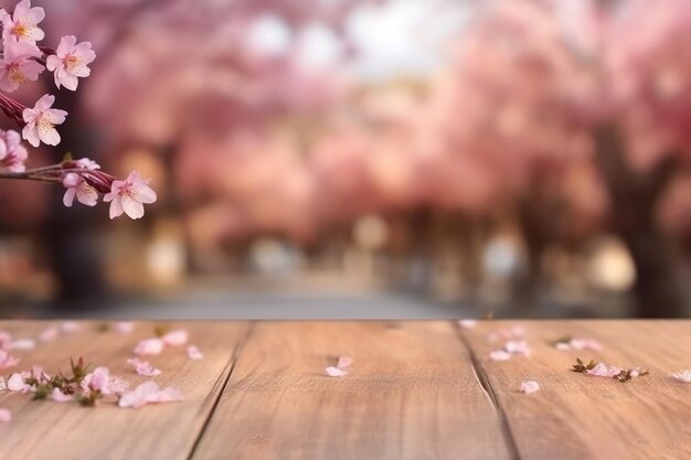 Sakura Flower Park Background Mockup on Empty Wooden Table Product Display Template Created with Gen
