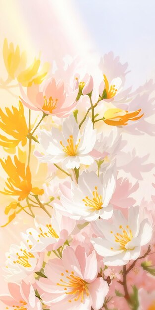 Sakura flowers on blurred garden background with sunny ray light Spring sakura blooming background