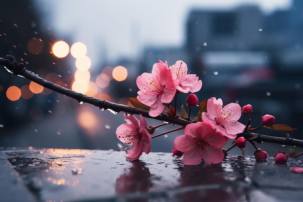 Sakura flowers in a city and rain atmosphere