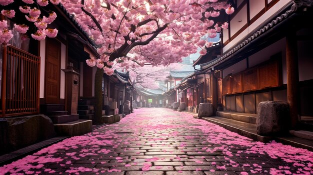 sakura flowers on urban road filled with light rose color on everywhare