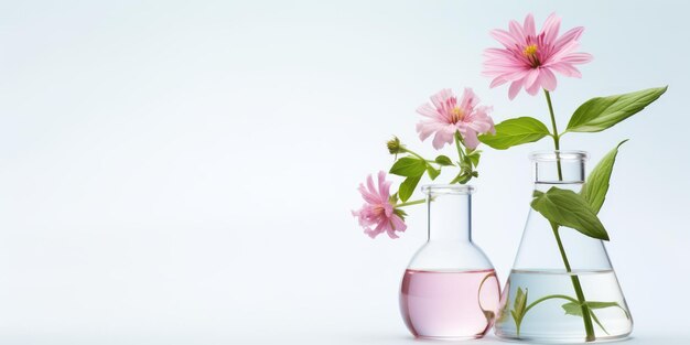 Sakura flowers in vases on a white background with copy space