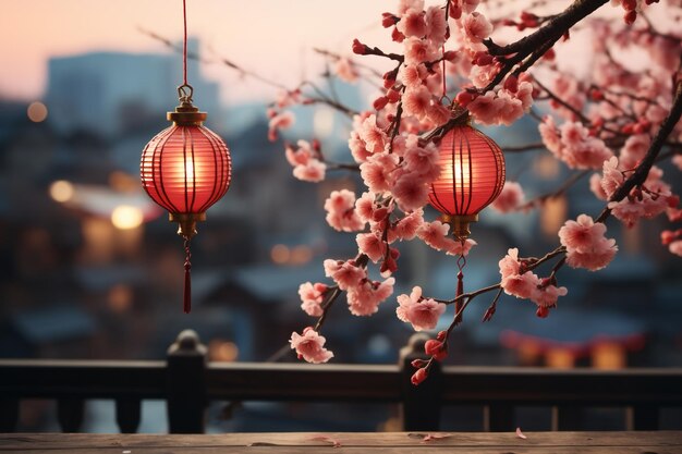 Sakura kersenbloesem en roze papieren lantaarn in de stad met kopieerruimte Chinees Nieuwjaar Concept