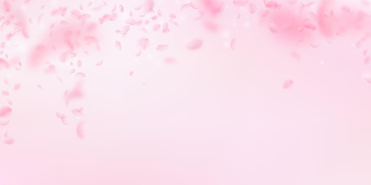 Photo 桜の花びらが落ちるロマンチックなピンクの花が雨が降るピンクの広い背景に飛ぶ花びら恋愛ロマンスのコンセプト圧倒的な結婚式の招待状