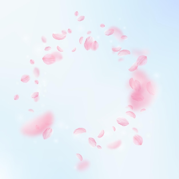 Petali di sakura che cadono vignetta di fiori rosa romantici petali volanti su sfondo blu cielo quadrato concetto di amore romantico invito a nozze elegante