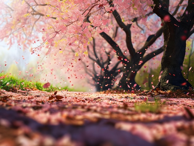 Foto petali di sakura che cadono a terra in un parco in primavera