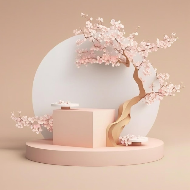 Sakura Pink Flower Tree Branch op Beige Podium Ideaal voor promotie van cosmetica en schoonheidsproducten met Spring Mock up en Copy SpaceGenerative AI