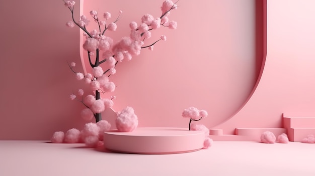 Sakura pink flower tree branch with frame Generative Ai