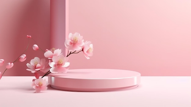 Розовые цветы сакуры падают на подиум с розовым оттенком. Сгенерировано AI.