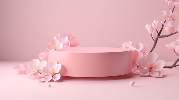 Sakura pink flowers falling on a podium display with a pink hue AI Generated