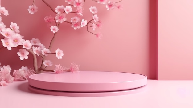 Sakura pink flowers falling on a podium display with a pink hue AI Generated