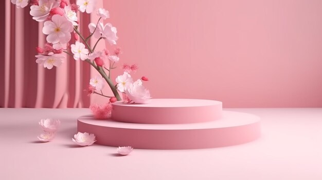 Sakura pink flowers falling on a podium display with a pink hue AI Generated