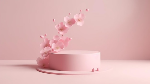 Sakura pink flowers falling on a podium display with a pink hue AI Generated