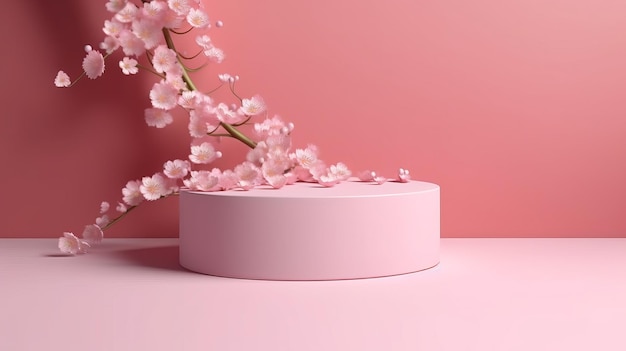Розовые цветы сакуры падают на подиум с розовым оттенком. Сгенерировано AI.