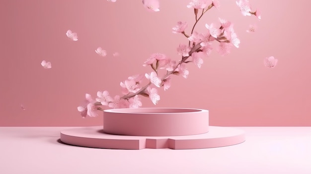 Sakura roze bloemen die op een podium vallen met een roze tint AI gegenereerd