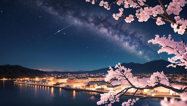 일본의 사쿠라 나무와 은하수 아름다운 환상의 풍경