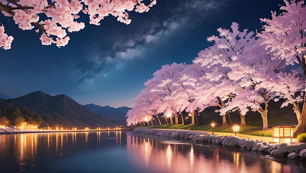 Sakura tree and milky way beautiful fantasy scenery in japan