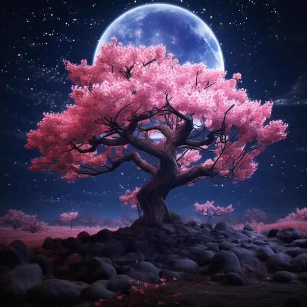 Sakura tree with moon in the background