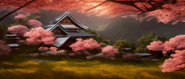 Sakura trees bloom and fuji spring landscape forest houses and mountains