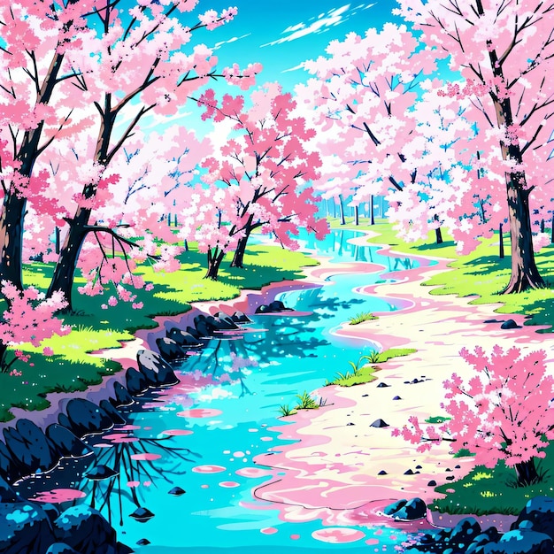 sakura trees and river