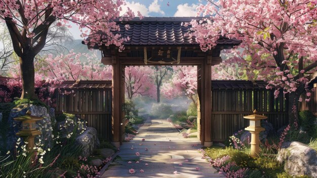 Sakura-tuinpoort Een traditionele houten poort is omringd door kaskades van kersenbloesems die bezoekers uitnodigen in een wereld van natuurlijke wonderen