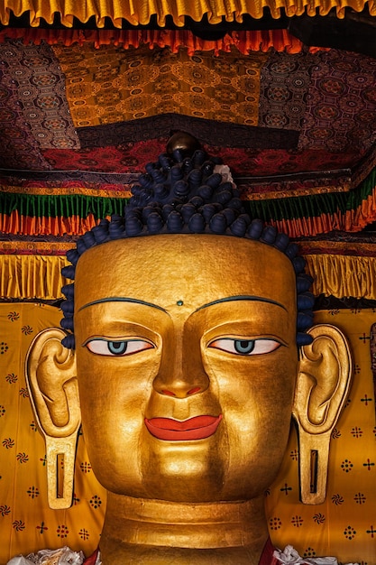 Sakyamuni Buddha statue face close up in Shey gompa Tibetan Buddhist monastery Shey Ladakh India