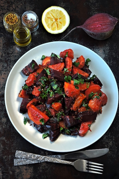 Salad of baked beets, pumpkins and carrots.