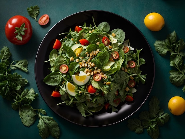 Salad in a black plate