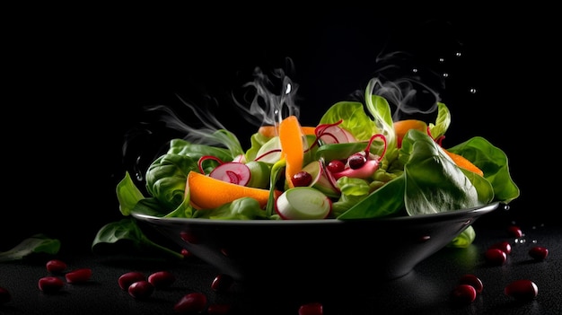 salad in a bowl on a black background Generative AI