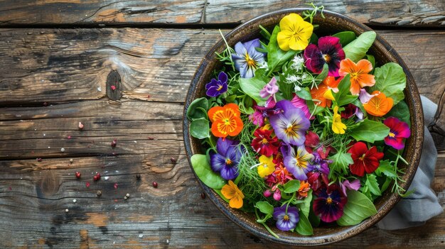 Photo salad bowl with edible flowers on wooden table a floral feast aig