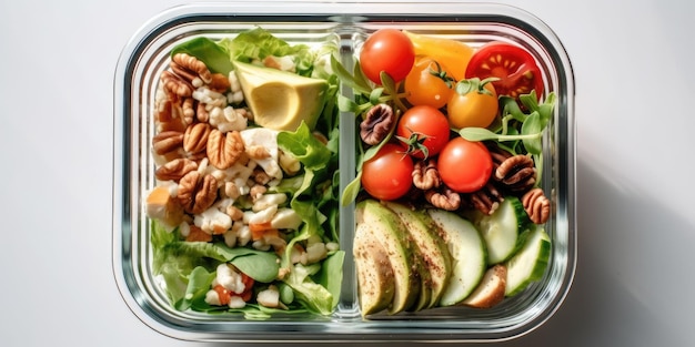 A salad box with a salad in it and a salad in the background.