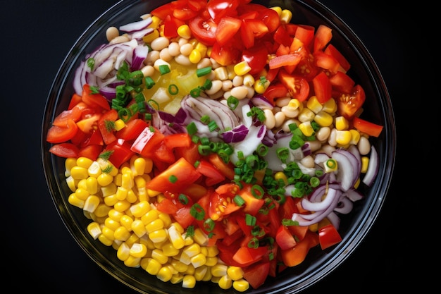 Foto insalata di fagioli in scatola, mais, pomodori, peperoncini e cipolle