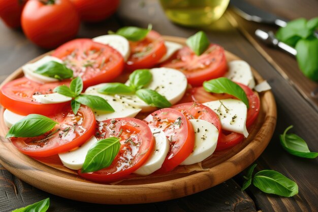 Foto insalata caprese con mozzarella di pomodoro e basilico