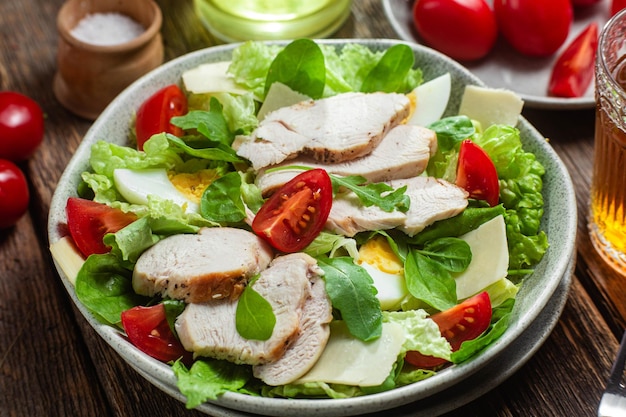 Foto insalata di filetto di pollo uova pomodori e formaggio in un piatto caesar salad