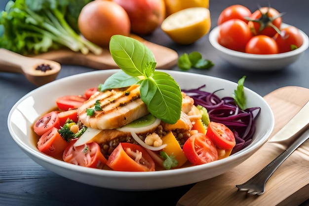 A salad of chicken, tomatoes, and cucumber.