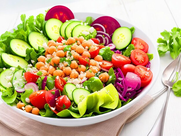 salad of chickpea tomato cucumber radish and green dietary food buddha bowl