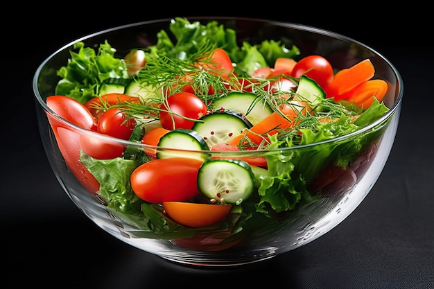 Salad of chopped fresh vegetables in a glass bowl