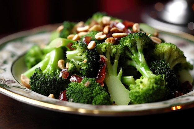 Salad composed of raw fresh broccoli spring onions peanuts and dried blueberries