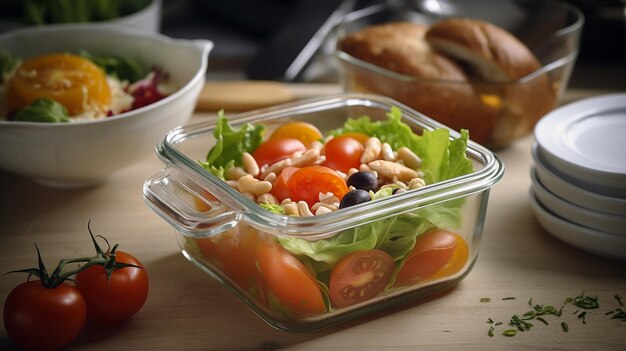 A salad in a container with a salad on it