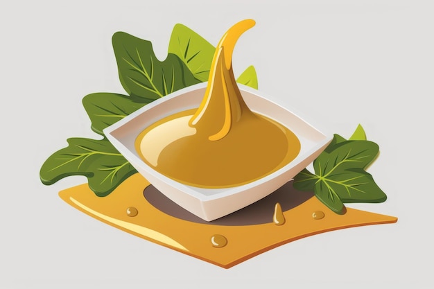 Photo salad dressing with a splash of honey mustard sauce isolated on a white background top view