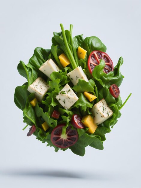 Photo salad flying ingredients on white background ai generated