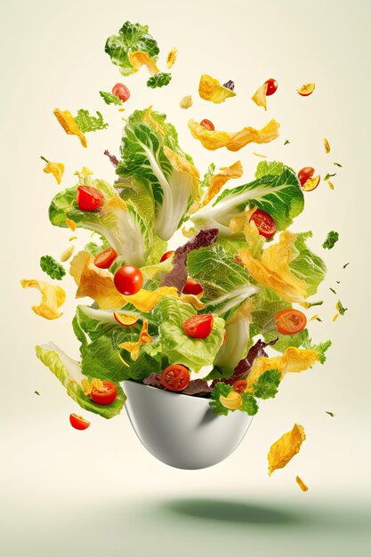 Salad flying ingredients on white background AI Generated