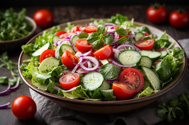 salad from tomatoes cucumber red onions and lettuce leaves healthy summer vitamin menu vegan