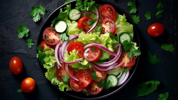 Foto salad from tomatoes cucumber red onions and lettuce top view