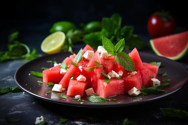 Photo salad from watermelon and suluguni with mint