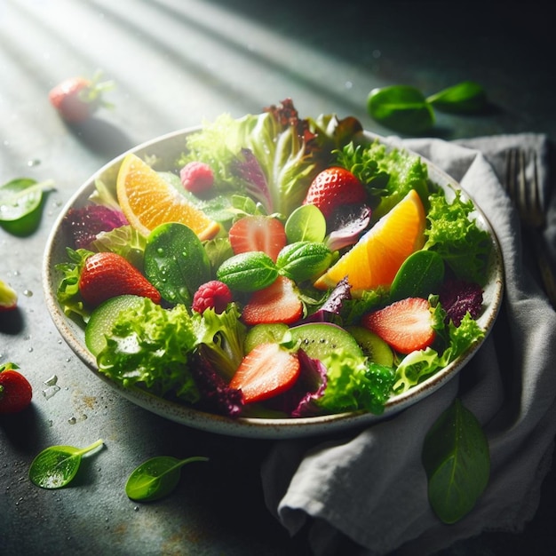 Salad and fruit realistic photo