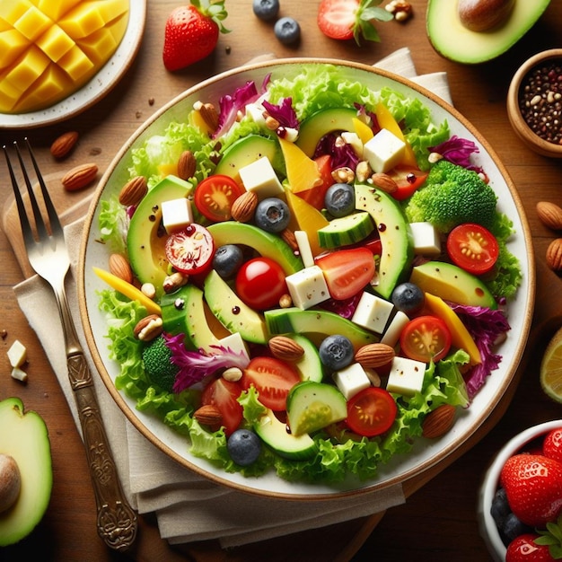 Salad and fruit realistic photo