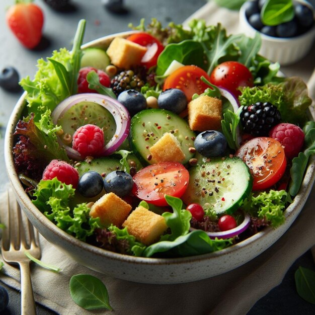 Salad and fruit realistic photo